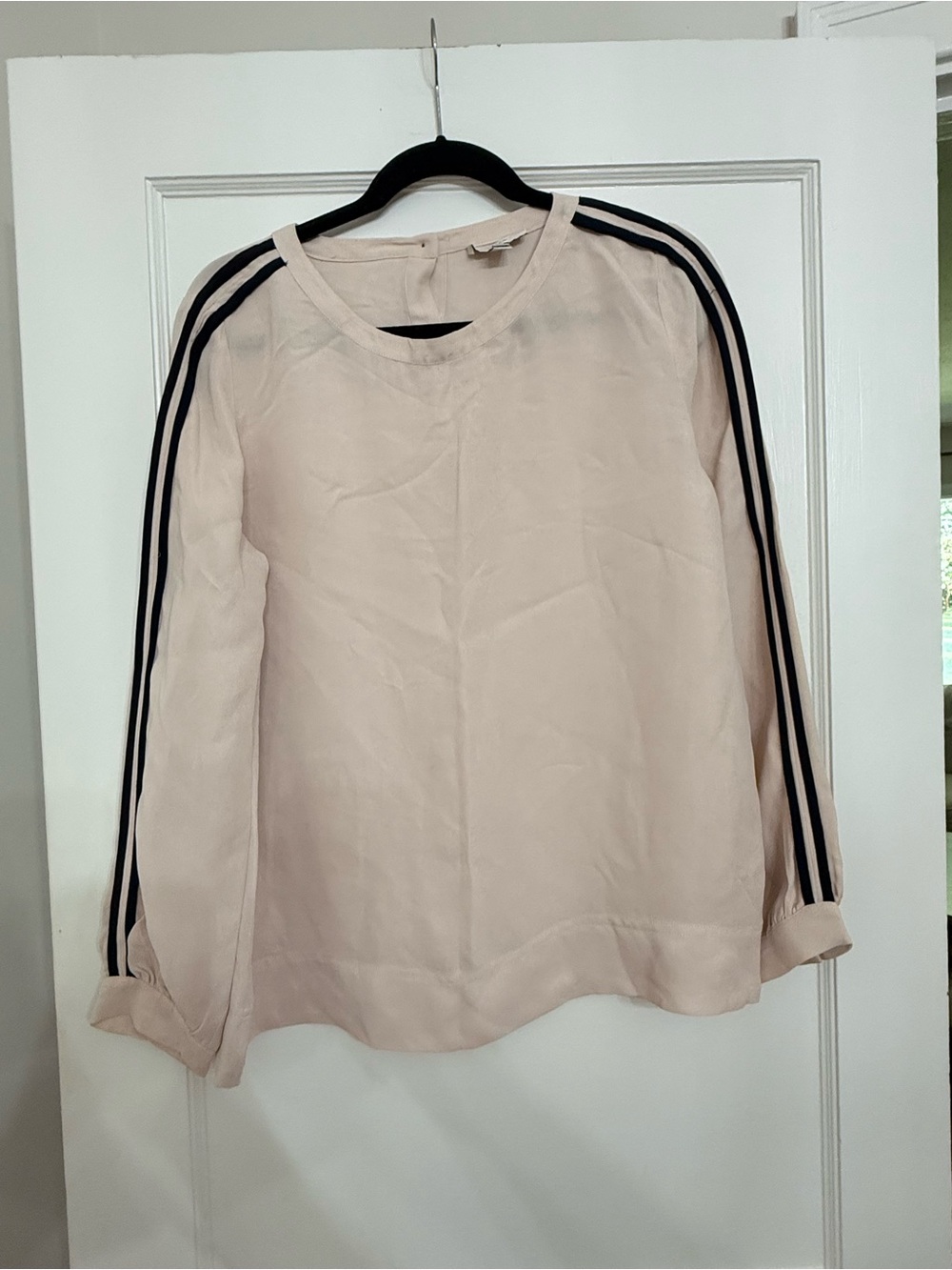 J.Crew Light Pink Long Sleeve Blouse with Black Athletic Sleeve Stripes - Size 8